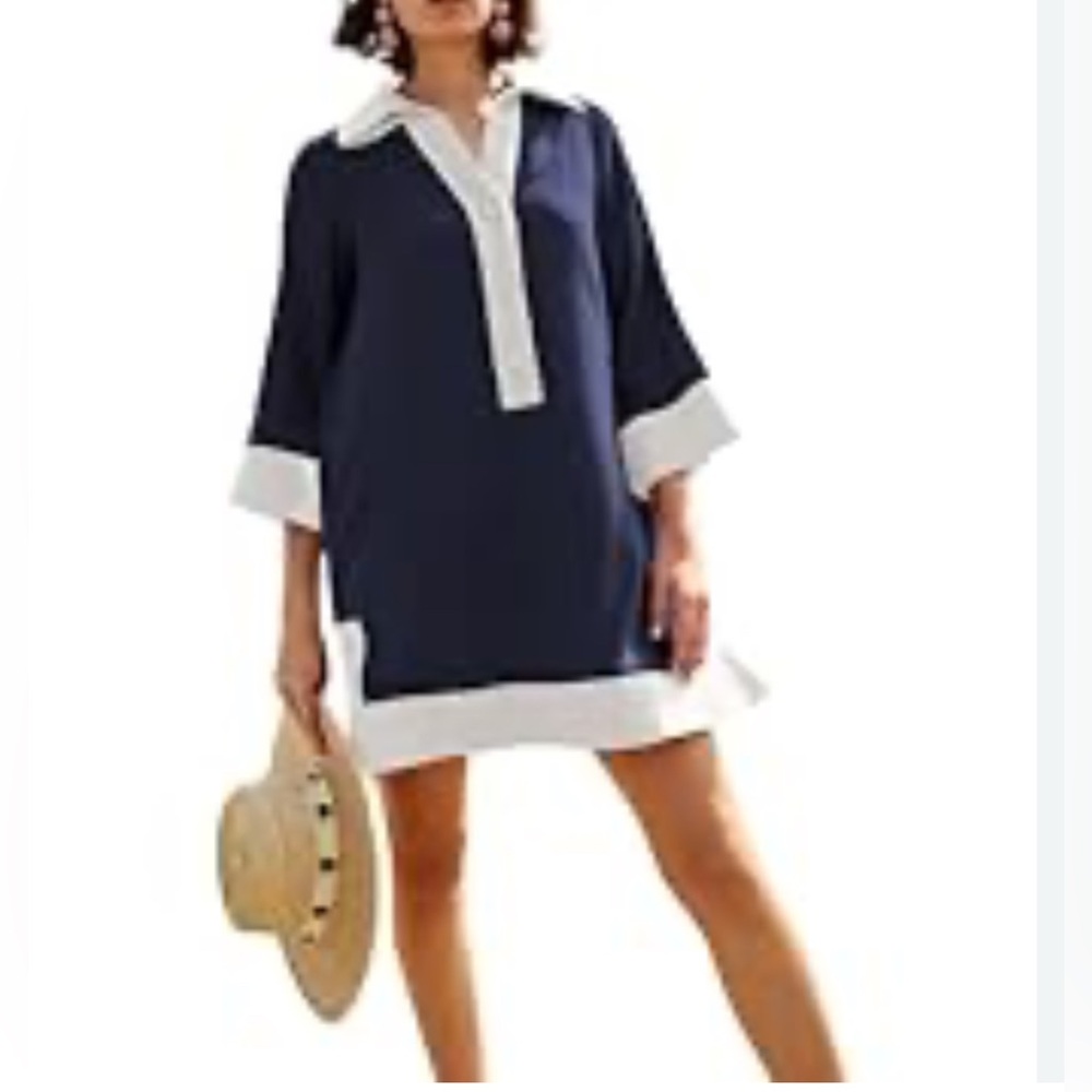 Navy White Linen Blend 3/4 Sleeve Shirt Dress Size S